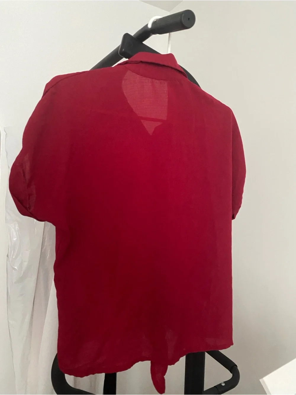 Red Button-Front Blouse with Cat Motif